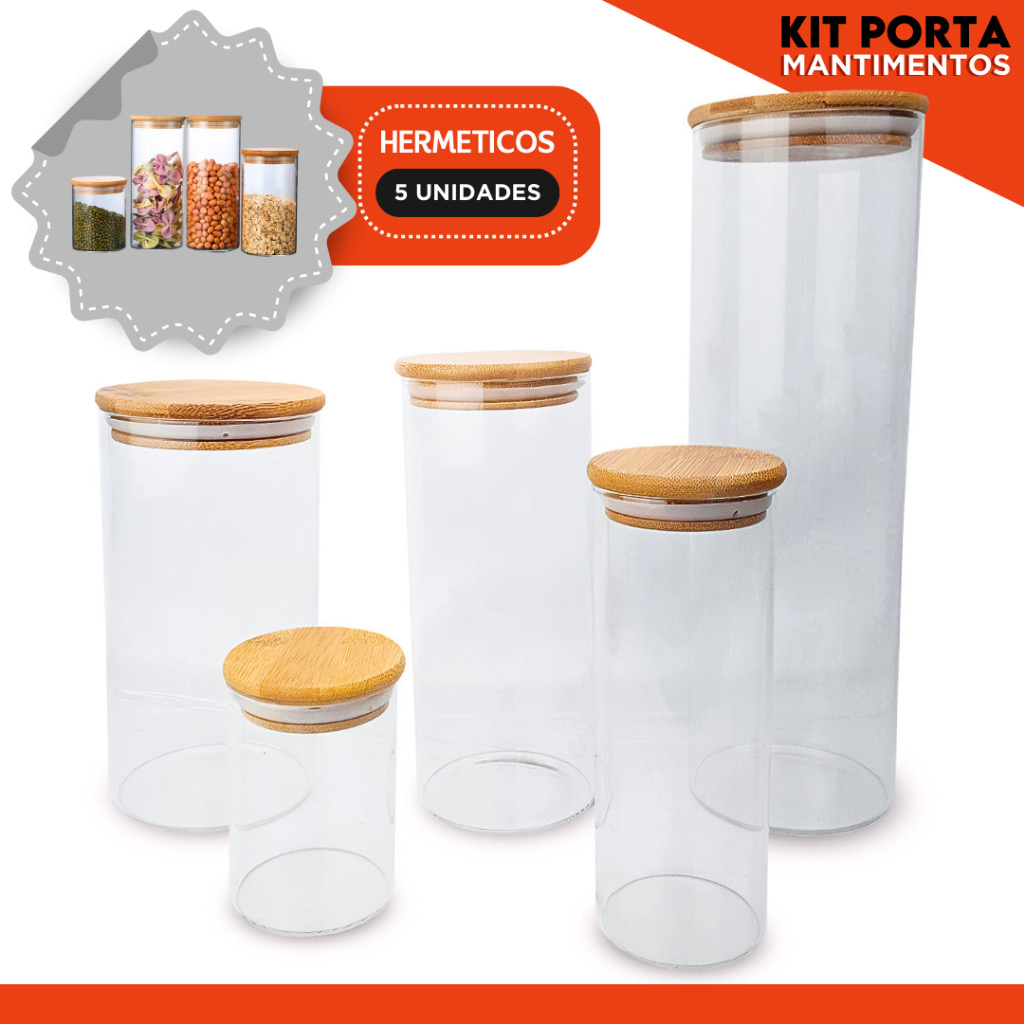 Kit com 5 potes herméticos de vidro