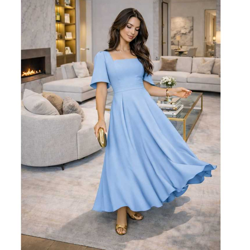 Vestido Evangélica Longo Elegante Com Manga Duna